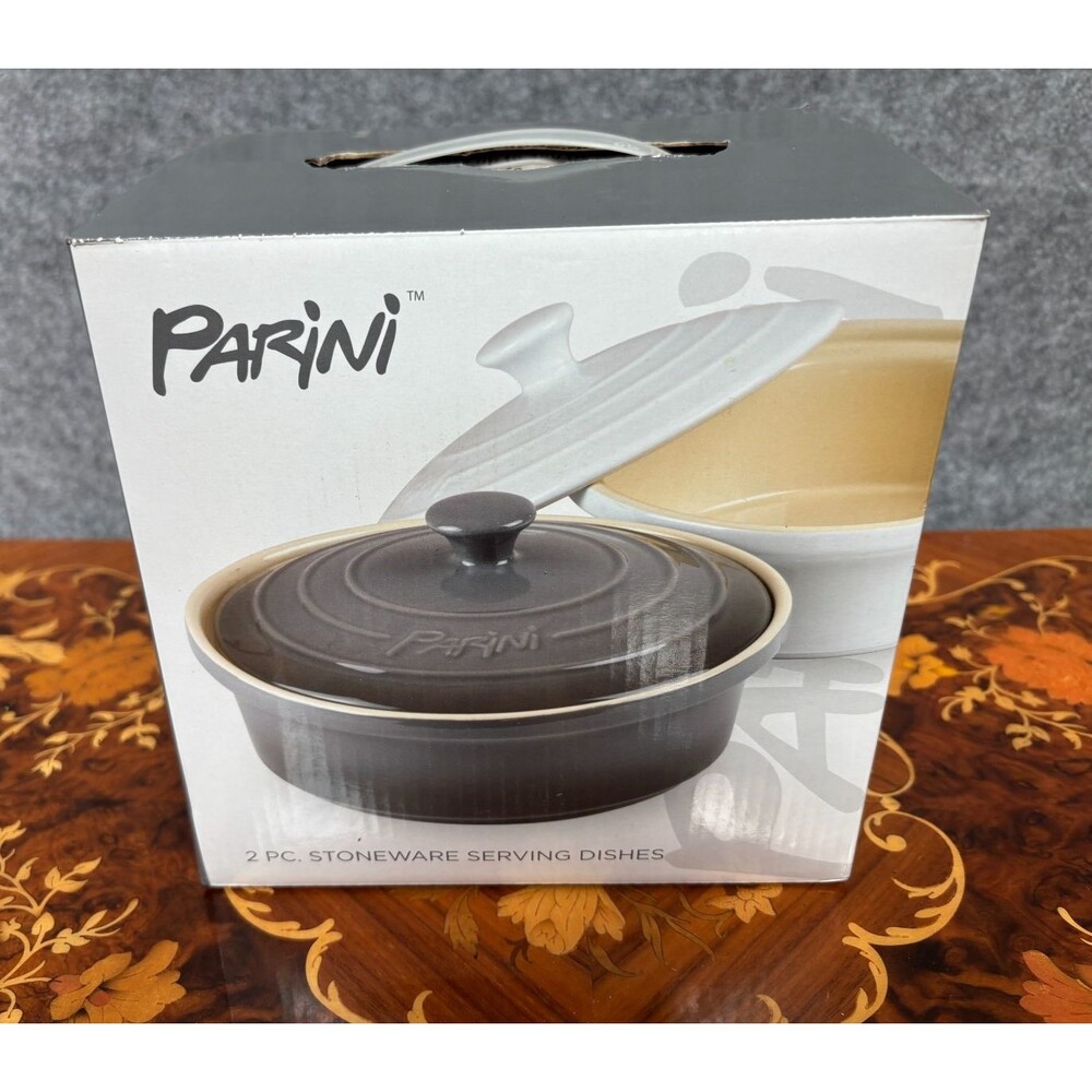 Parini 2 Pc Stoneware Serving Dishes with Lids Brown White New in Box